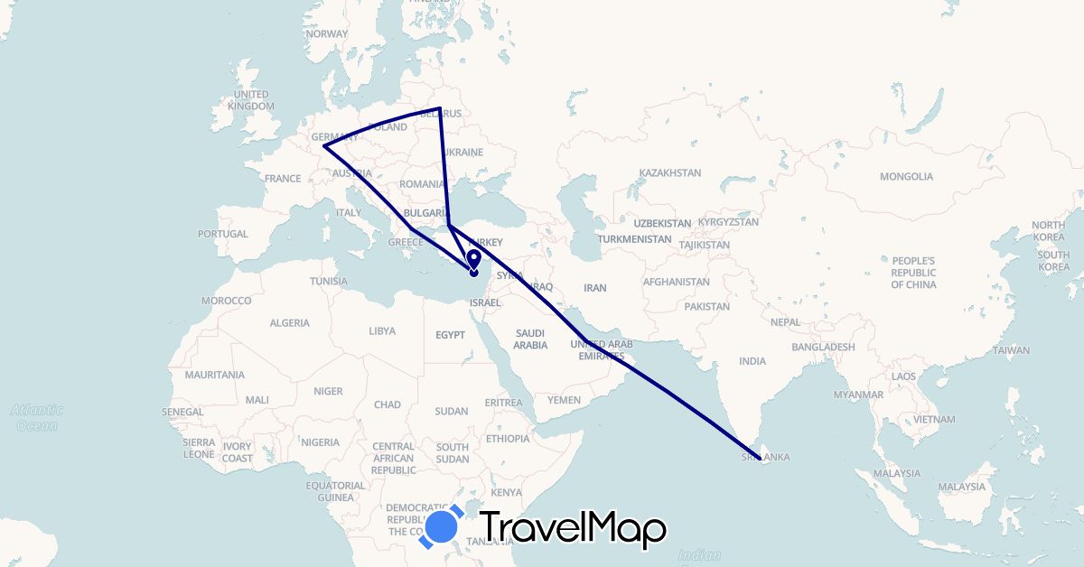 TravelMap itinerary: driving in Belarus, Cyprus, Germany, Greece, Sri Lanka, Qatar, Turkey (Asia, Europe)